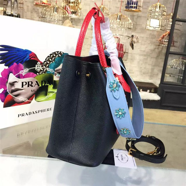 Prada Saffiano Double Handle Tote Bag with Croc Stamp 33cm Fall Winter 2016 Bag Collection Black Red