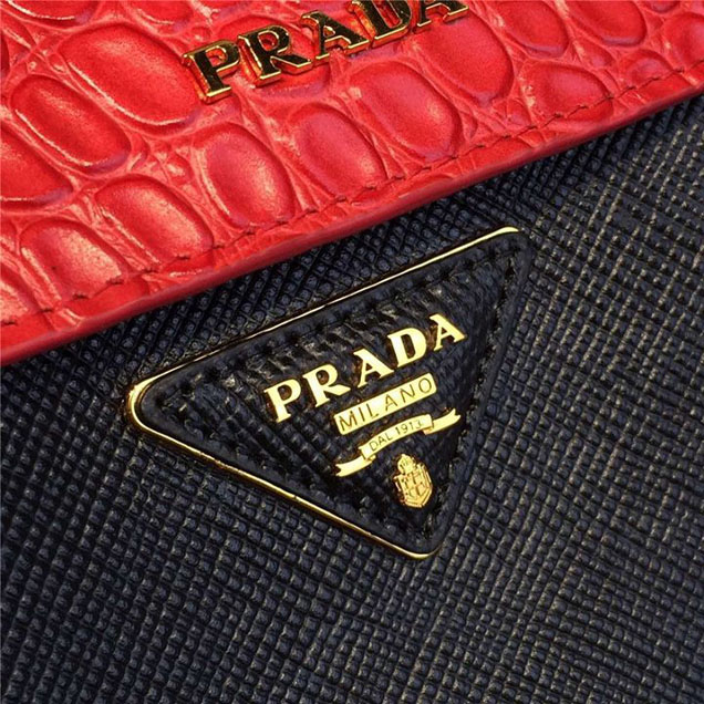 Prada Saffiano Double Handle Tote Bag with Croc Stamp 33cm Fall Winter 2016 Bag Collection Black Red