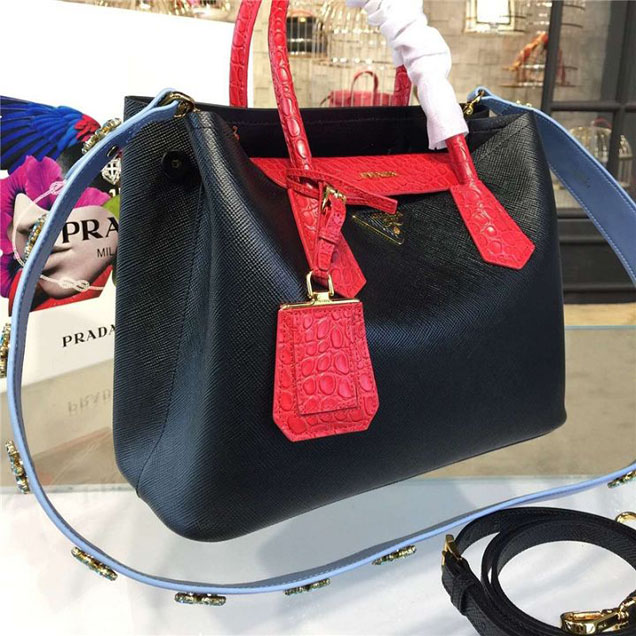 Prada Saffiano Double Handle Tote Bag with Croc Stamp 33cm Fall Winter 2016 Bag Collection Black Red