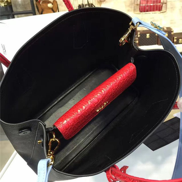 Prada Saffiano Double Handle Tote Bag with Croc Stamp 33cm Fall Winter 2016 Bag Collection Black Red