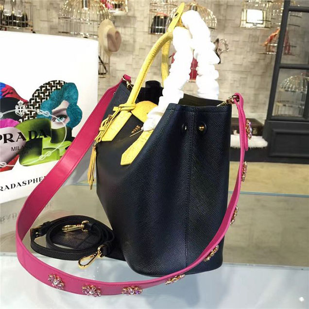 Prada Saffiano Double Handle Tote Bag with Croc Stamp 33cm Fall Winter 2016 Bag Collection Black Yellow