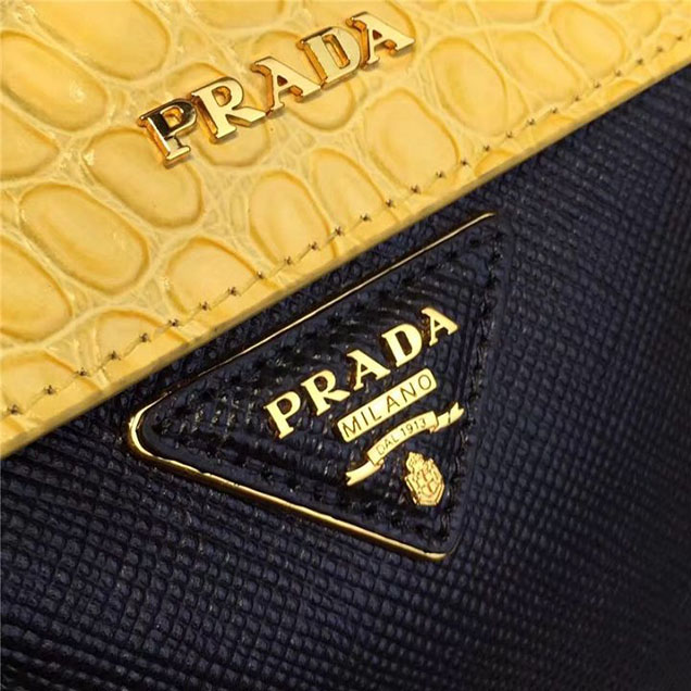 Prada Saffiano Double Handle Tote Bag with Croc Stamp 33cm Fall Winter 2016 Bag Collection Black Yellow