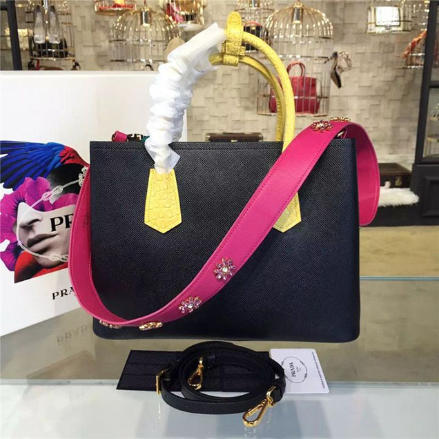 Prada Saffiano Double Handle Tote Bag with Croc Stamp 33cm Fall Winter 2016 Bag Collection Black Yellow