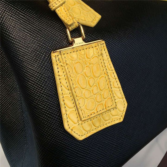 Prada Saffiano Double Handle Tote Bag with Croc Stamp 33cm Fall Winter 2016 Bag Collection Black Yellow