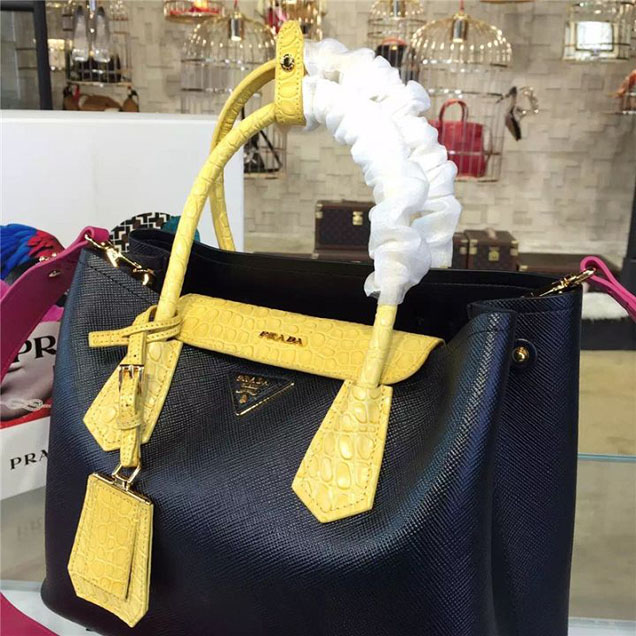 Prada Saffiano Double Handle Tote Bag with Croc Stamp 33cm Fall Winter 2016 Bag Collection Black Yellow