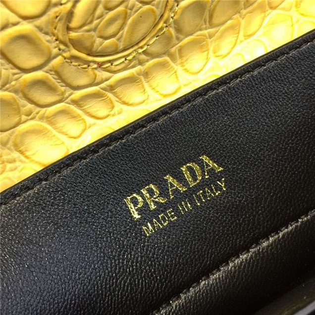Prada Saffiano Double Handle Tote Bag with Croc Stamp 33cm Fall Winter 2016 Bag Collection Black Yellow