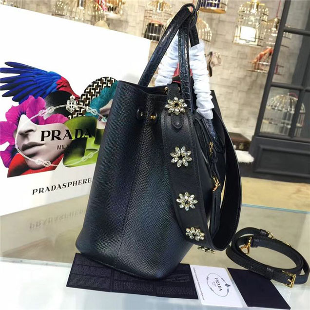 Prada Saffiano Double Handle Tote Bag with Croc Stamp 33cm Fall Winter 2016 Bag Collection Black