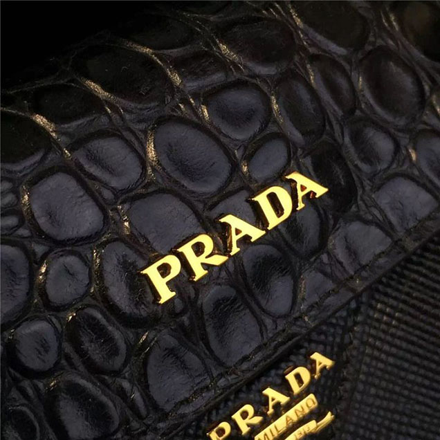 Prada Saffiano Double Handle Tote Bag with Croc Stamp 33cm Fall Winter 2016 Bag Collection Black