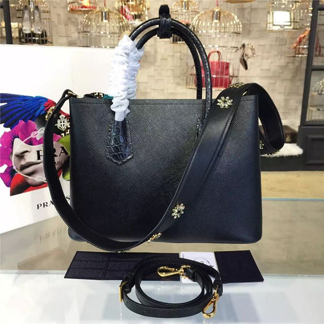Prada Saffiano Double Handle Tote Bag with Croc Stamp 33cm Fall Winter 2016 Bag Collection Black
