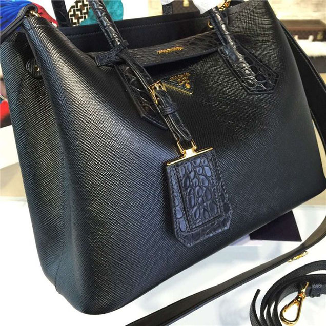 Prada Saffiano Double Handle Tote Bag with Croc Stamp 33cm Fall Winter 2016 Bag Collection Black