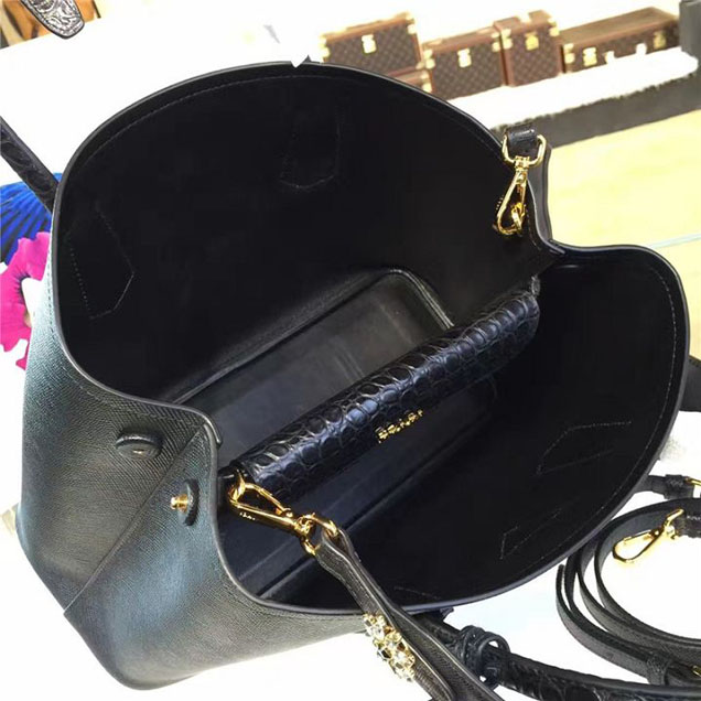 Prada Saffiano Double Handle Tote Bag with Croc Stamp 33cm Fall Winter 2016 Bag Collection Black