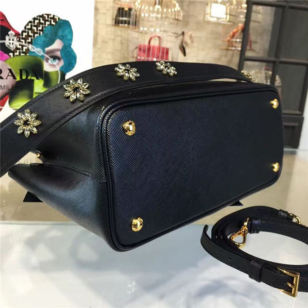 Prada Saffiano Double Handle Tote Bag with Croc Stamp 33cm Fall Winter 2016 Bag Collection Black