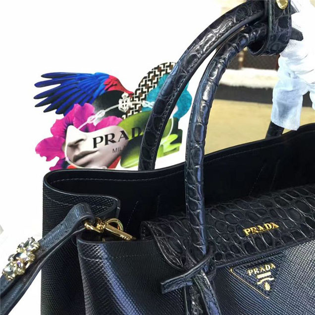 Prada Saffiano Double Handle Tote Bag with Croc Stamp 33cm Fall Winter 2016 Bag Collection Black