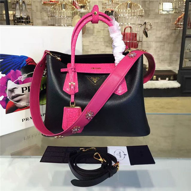 Prada Saffiano Double Handle Tote Bag with Croc Stamp 33cm Fall Winter 2016 Bag Collection Black Fuschia