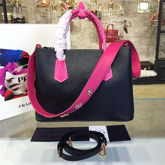 Prada Saffiano Double Handle Tote Bag with Croc Stamp 33cm Fall Winter 2016 Bag Collection Black Fuschia