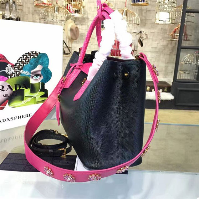 Prada Saffiano Double Handle Tote Bag with Croc Stamp 33cm Fall Winter 2016 Bag Collection Black Fuschia