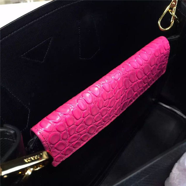 Prada Saffiano Double Handle Tote Bag with Croc Stamp 33cm Fall Winter 2016 Bag Collection Black Fuschia