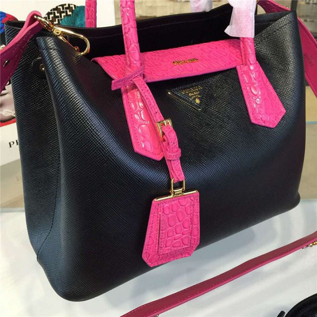 Prada Saffiano Double Handle Tote Bag with Croc Stamp 33cm Fall Winter 2016 Bag Collection Black Fuschia