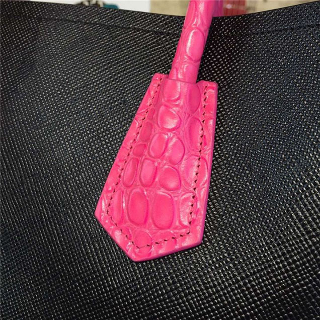 Prada Saffiano Double Handle Tote Bag with Croc Stamp 33cm Fall Winter 2016 Bag Collection Black Fuschia