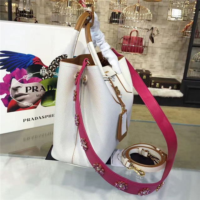 Prada Saffiano Double Handle Tote Bag 33cm Fall Winter 2016 Bag Collection White Tan
