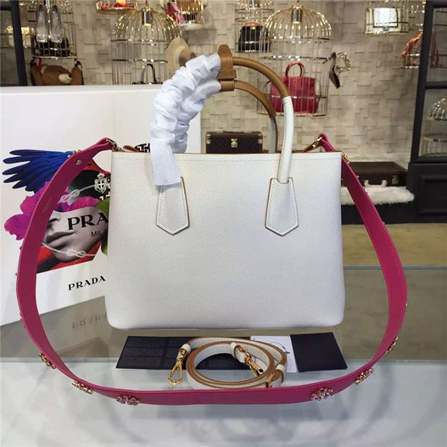 Prada Saffiano Double Handle Tote Bag 33cm Fall Winter 2016 Bag Collection White Tan