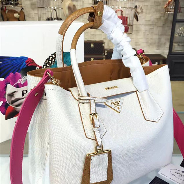 Prada Saffiano Double Handle Tote Bag 33cm Fall Winter 2016 Bag Collection White Tan