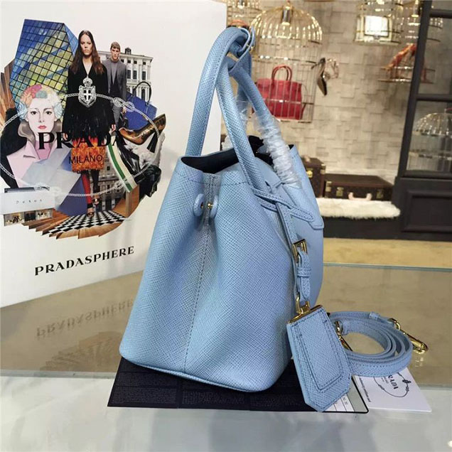 Prada Saffiano Double Handle Tote Bag 26cm Fall Winter 2016 Bag Collection Light Blue Black