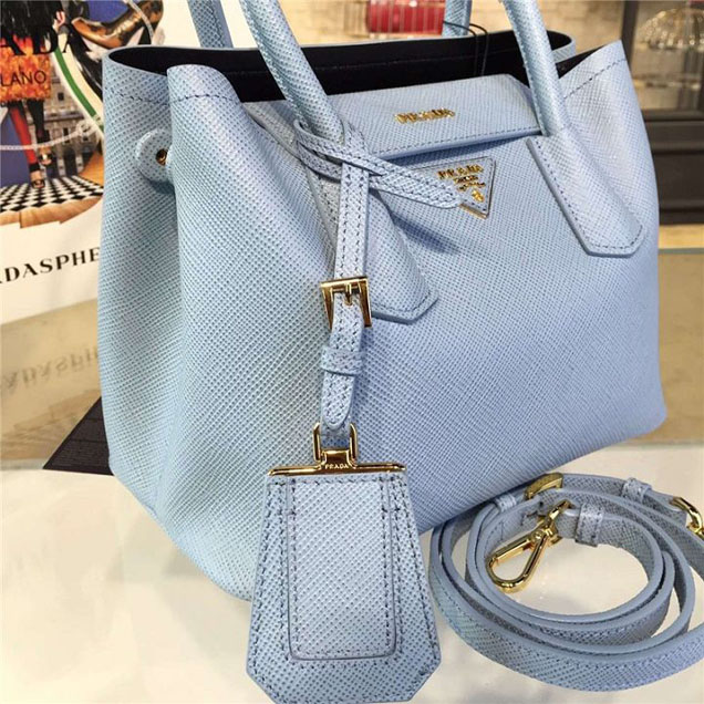 Prada Saffiano Double Handle Tote Bag 26cm Fall Winter 2016 Bag Collection Light Blue Black