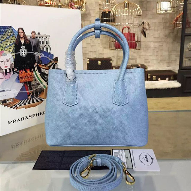 Prada Saffiano Double Handle Tote Bag 26cm Fall Winter 2016 Bag Collection Light Blue Black
