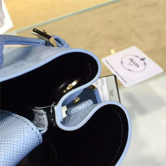 Prada Saffiano Double Handle Tote Bag 26cm Fall Winter 2016 Bag Collection Light Blue Black
