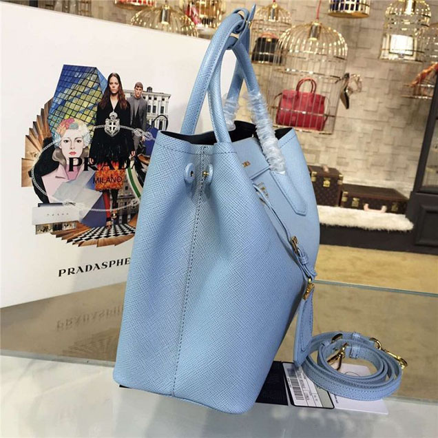 Prada Saffiano Double Handle Tote Bag 33cm Fall Winter 2016 Bag Collection Light Blue Black