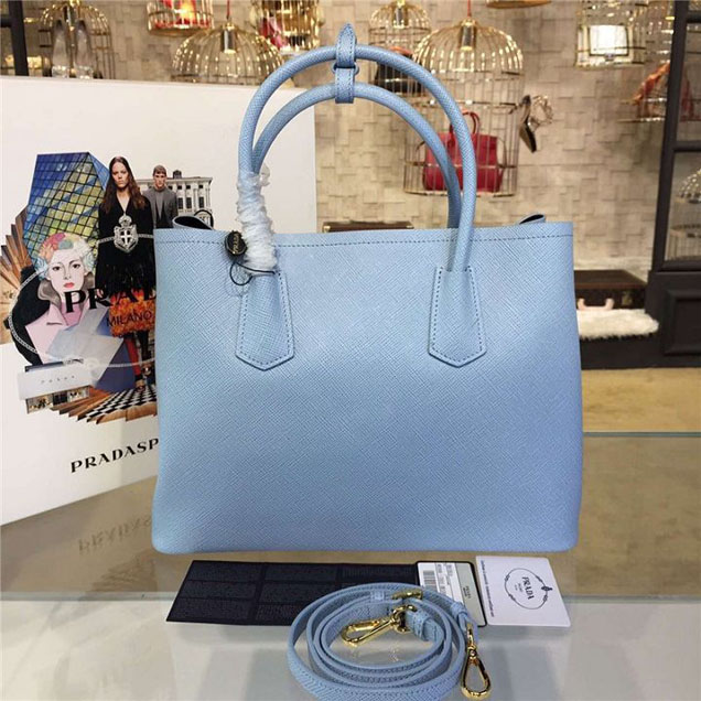 Prada Saffiano Double Handle Tote Bag 33cm Fall Winter 2016 Bag Collection Light Blue Black