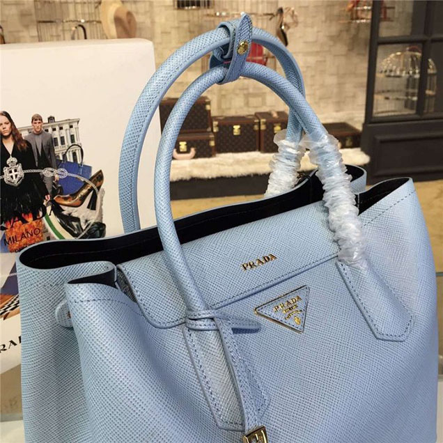 Prada Saffiano Double Handle Tote Bag 33cm Fall Winter 2016 Bag Collection Light Blue Black