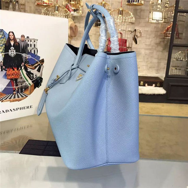 Prada Saffiano Double Handle Tote Bag 35cm Fall Winter 2016 Bag Collection Light Blue Black