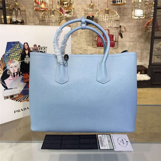 Prada Saffiano Double Handle Tote Bag 35cm Fall Winter 2016 Bag Collection Light Blue Black