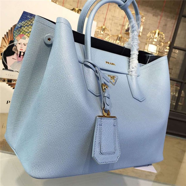 Prada Saffiano Double Handle Tote Bag 35cm Fall Winter 2016 Bag Collection Light Blue Black