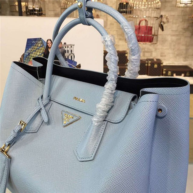Prada Saffiano Double Handle Tote Bag 35cm Fall Winter 2016 Bag Collection Light Blue Black