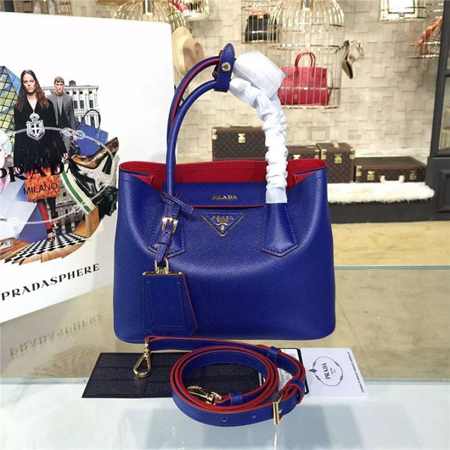 Prada Saffiano Double Handle Tote Bag 26cm Fall Winter 2016 Bag Collection Blue Red