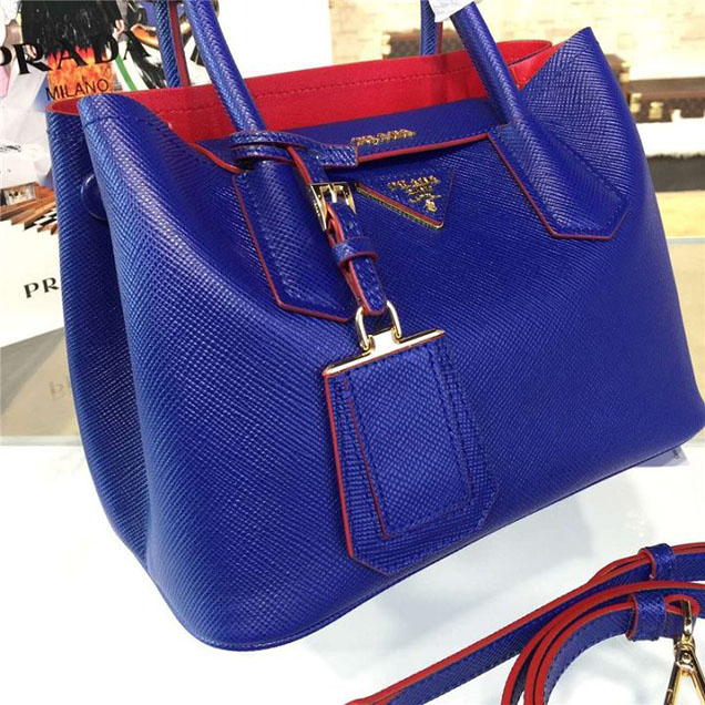 Prada Saffiano Double Handle Tote Bag 26cm Fall Winter 2016 Bag Collection Blue Red