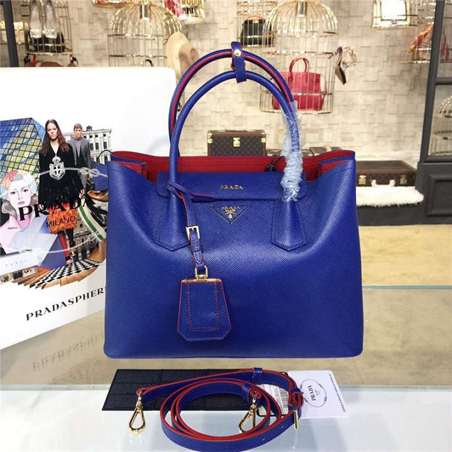 Prada Saffiano Double Handle Tote Bag 33cm Fall Winter 2016 Bag Collection Blue Red