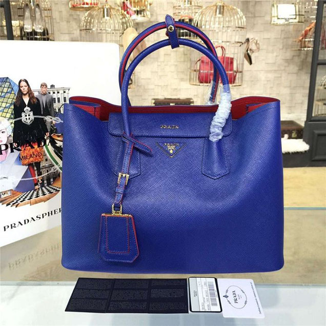 Prada Saffiano Double Handle Tote Bag 35cm Fall Winter 2016 Bag Collection Blue Red