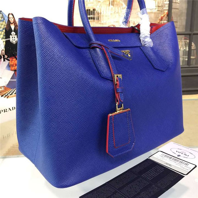 Prada Saffiano Double Handle Tote Bag 35cm Fall Winter 2016 Bag Collection Blue Red