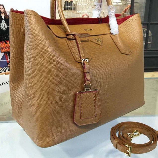 Prada Saffiano Double Handle Tote Bag 35cm Fall Winter 2016 Bag Collection Camel Red