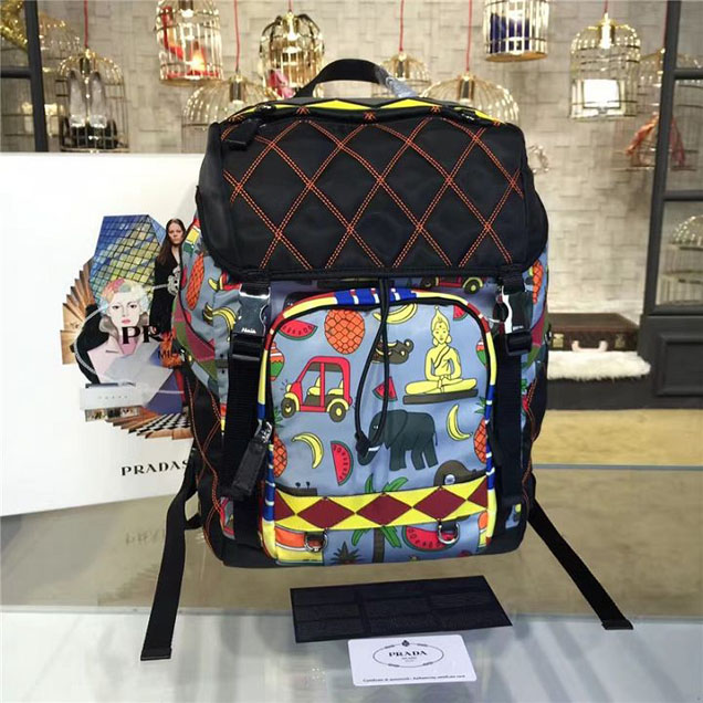 Prada Nylon Backpack 2VZ135 27cm Fall Winter 2017 Bag Collection Multi Black Yellow Red