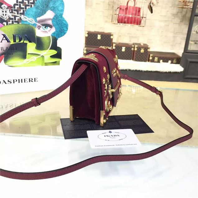 Prada Cahier Astrology Shoulder Bag Suede Calfskin Leather 18cm Fall Winter 2016 Bag Collection Burgundy