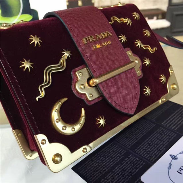 Prada Cahier Astrology Shoulder Bag Suede Calfskin Leather 18cm Fall Winter 2016 Bag Collection Burgundy