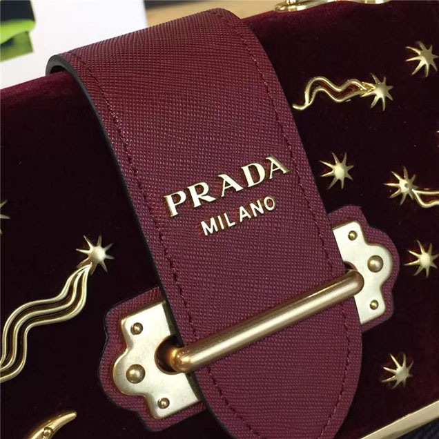 Prada Cahier Astrology Shoulder Bag Suede Calfskin Leather 18cm Fall Winter 2016 Bag Collection Burgundy