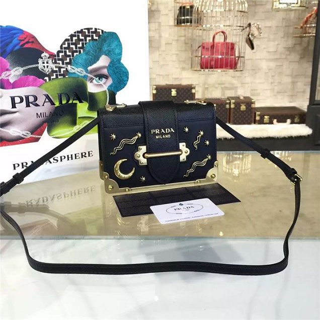 Prada Cahier Astrology Shoulder Bag Calfskin Leather 18cm Fall Winter 2016 Bag Collection Black
