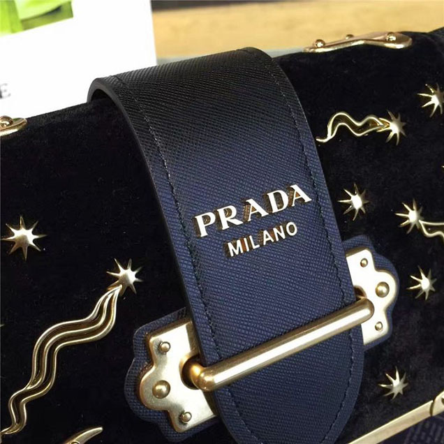 Prada Cahier Astrology Shoulder Bag Suede Calfskin Leather 18cm Fall Winter 2016 Bag Collection Black