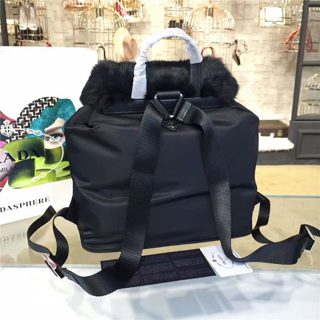 Prada Tessuto Grommet Nylon Backpack with Mink Fur 30cm Fall Winter 2016 Bag Collection Black